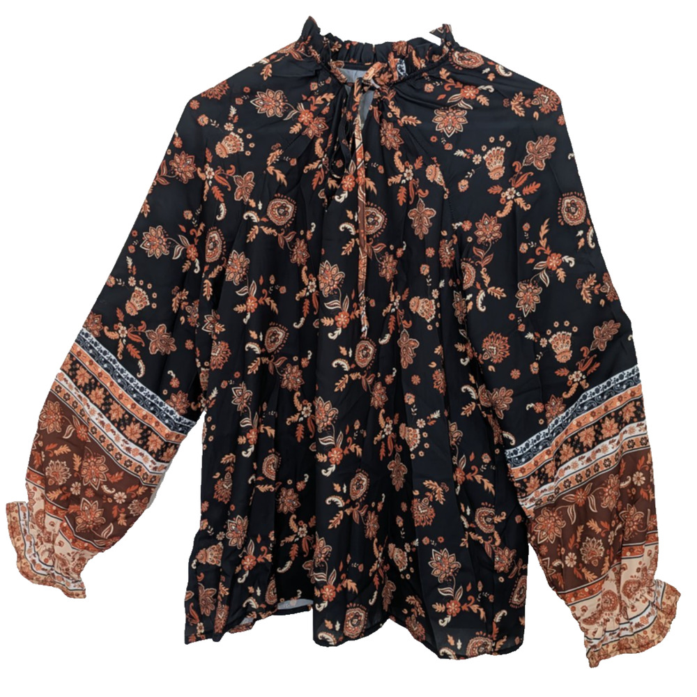 Cupshe Women's Paisley Floral Peasant Blouse Brown Large Boho Cottagecore Dressy